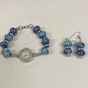 Vintage Blue Enamel Bead and Rhinestone Watch and Earring Set